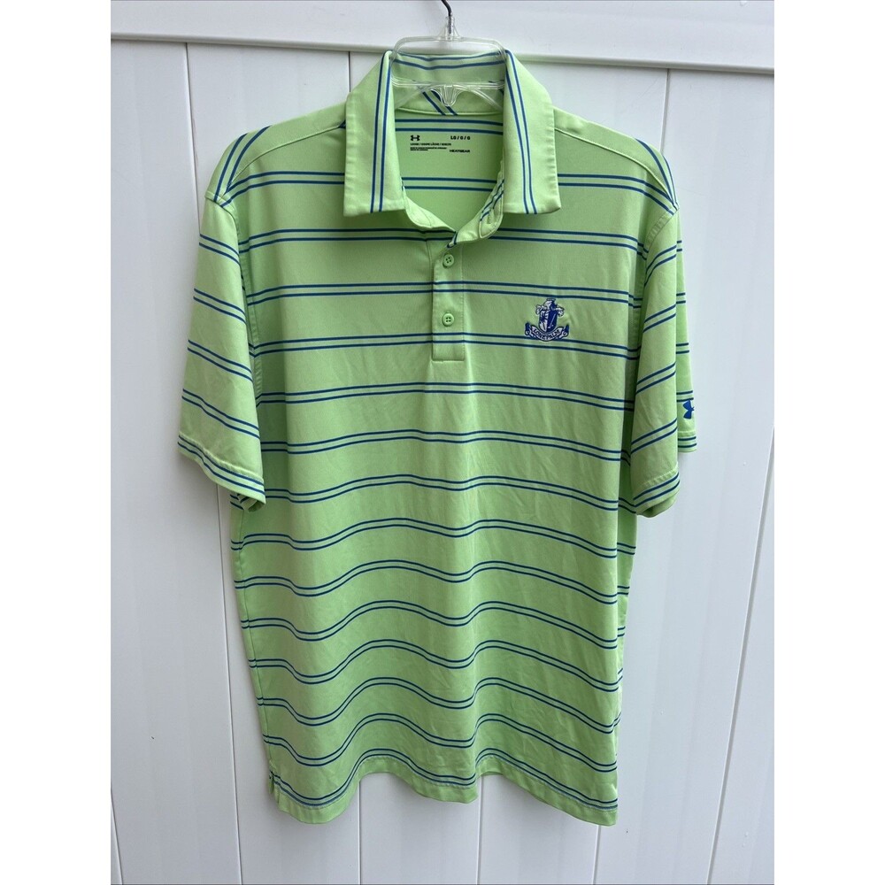Under Armour Polo Shirt Mens Large Green Striped Heatgear Loose Fit Lone Palm
